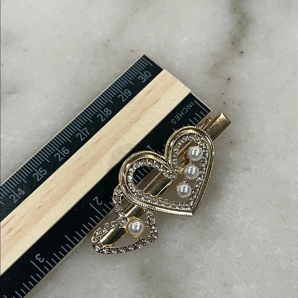 Gold Heart Pearl & Pink Accent Hair Clip Trio